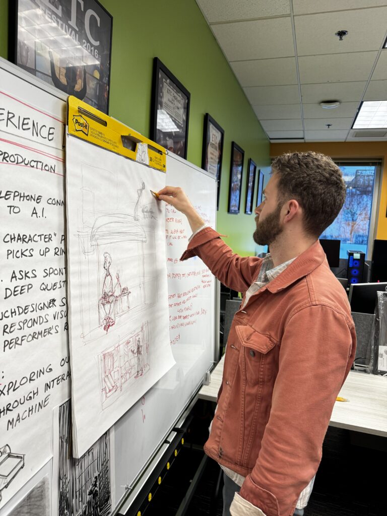 Aidan Terry drawing concept art for first iteration of narrative