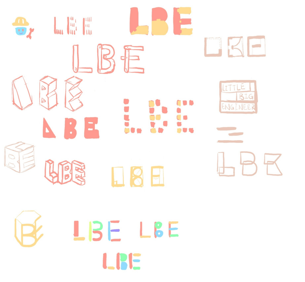 Many different sketches of different ways of representing the initials LBE.
