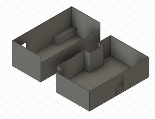 3D models of the two room options. The rooms are similar length and width, but the left room has a higher ceiling and the right room is not an exact rectangle.